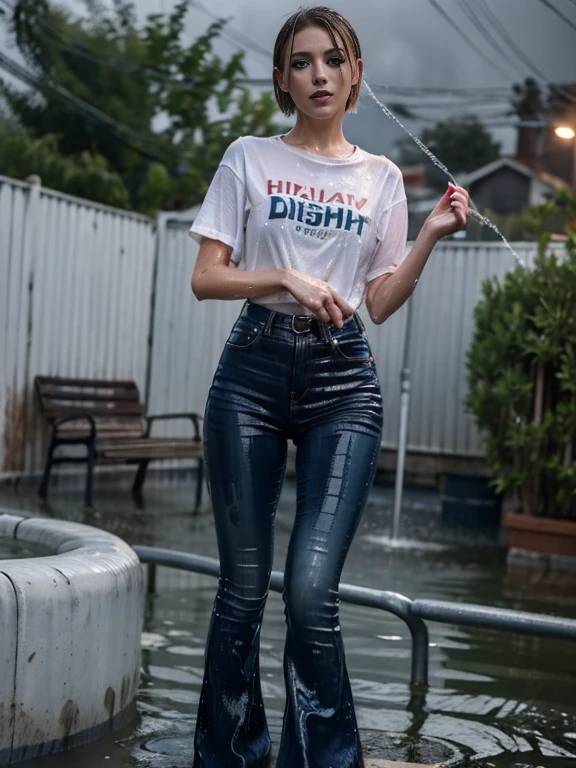 (Wide flares on jeans:1.2), (Water-soaked clothing:1.17), (Best Quality,hight resolution,bokeh:1.2),The woman,Pronounced wrinkles,Bob haircut,Detailed eyes and face,tshirt,(standing:1.0),(gloomy ecstasy:1.1), Posing, outside at night in pouring rain, SoakingWetClothes, black high heel pumps, show heels