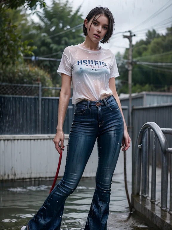 (Wide flares on jeans:1.2), (Water-soaked clothing:1.17), (Best Quality,hight resolution,bokeh:1.2),The woman,Pronounced wrinkles,Bob haircut,Detailed eyes and face,tshirt,(standing:1.0),(gloomy ecstasy:1.1), Posing, outside at night in pouring rain, SoakingWetClothes, black high heel pumps, show heels