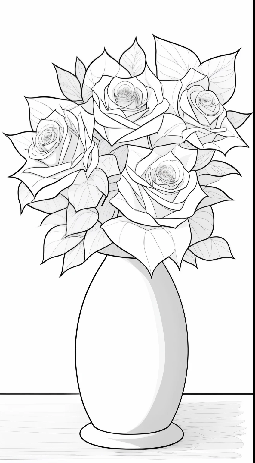 there is a vase with roses in it on a table, coloring book outline, sketch black and white colors, black and white color only, black and white vector art, black on white line art, highly detailed sketch, drawn image, vase with flowers, outline art, traditional drawing style, outlined art, black and white detailed sketch, black and white line art