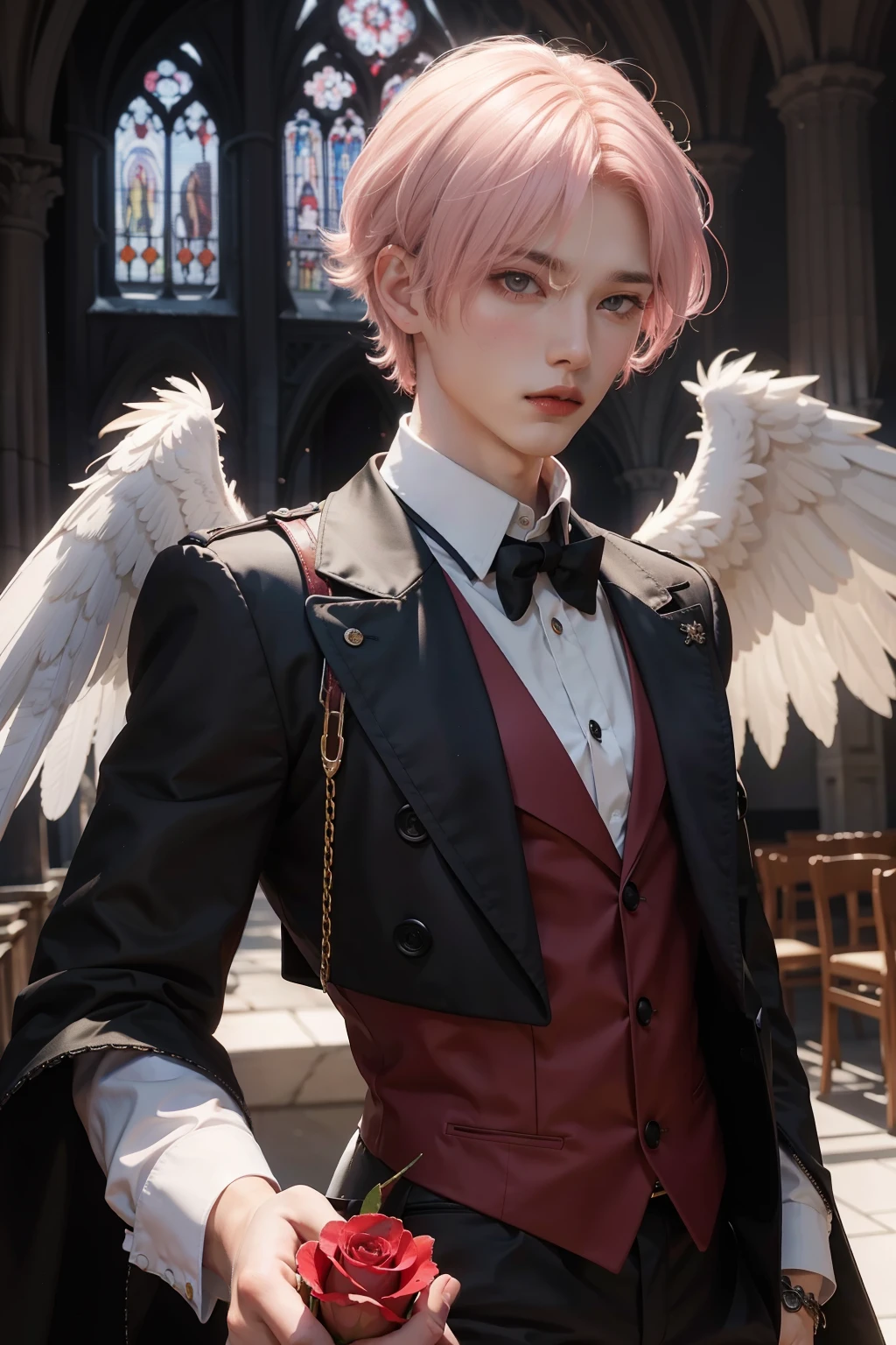 Cute, handsome boy, 18 years old, short light pink hair, 2 big white wings, on a gothic cathedral background, with a red rose in his hand, red lips, lilac eyes, male, gothic clothes style,