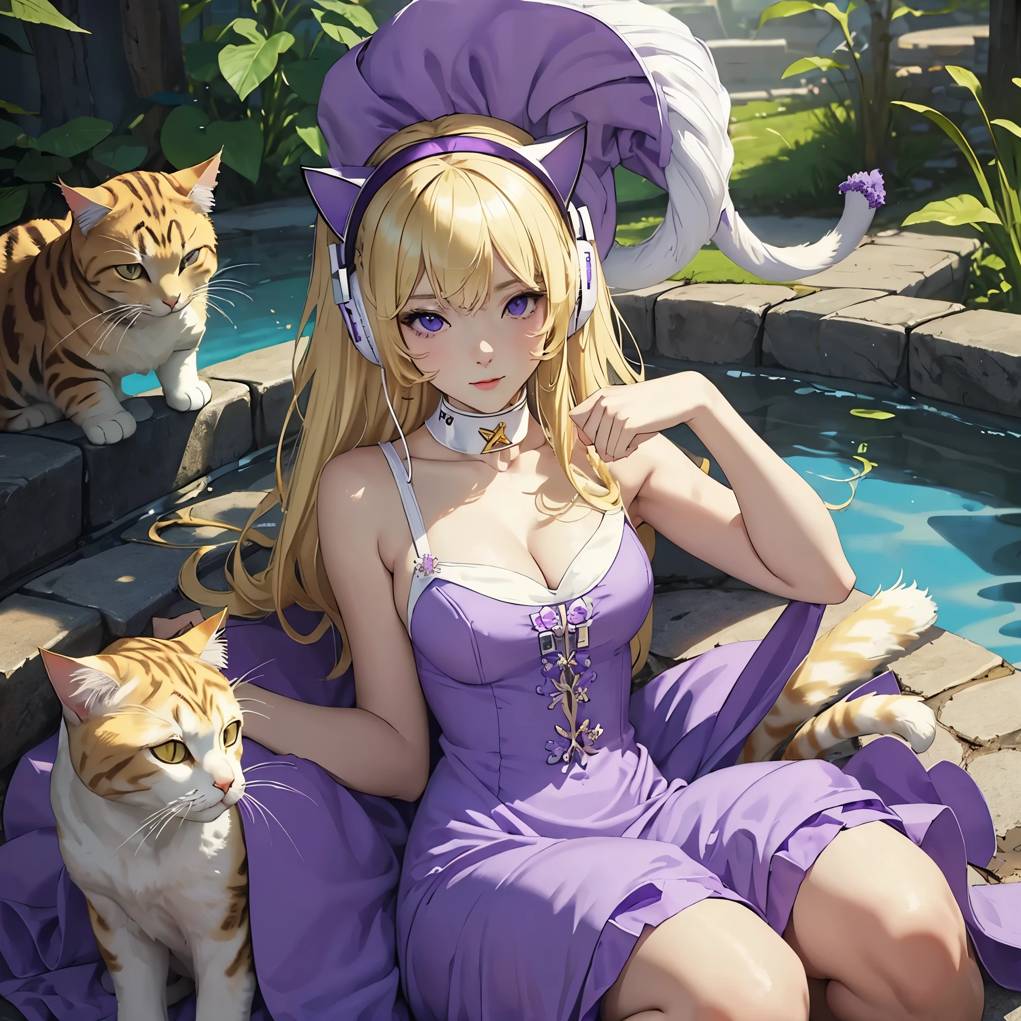 Masterpiece, best quality, (((White Headphone))), (((Blonde))), (((Korean))), (((Cat Girl))), (((purple dress))), cleavage, (((Beautiful face))), pond,