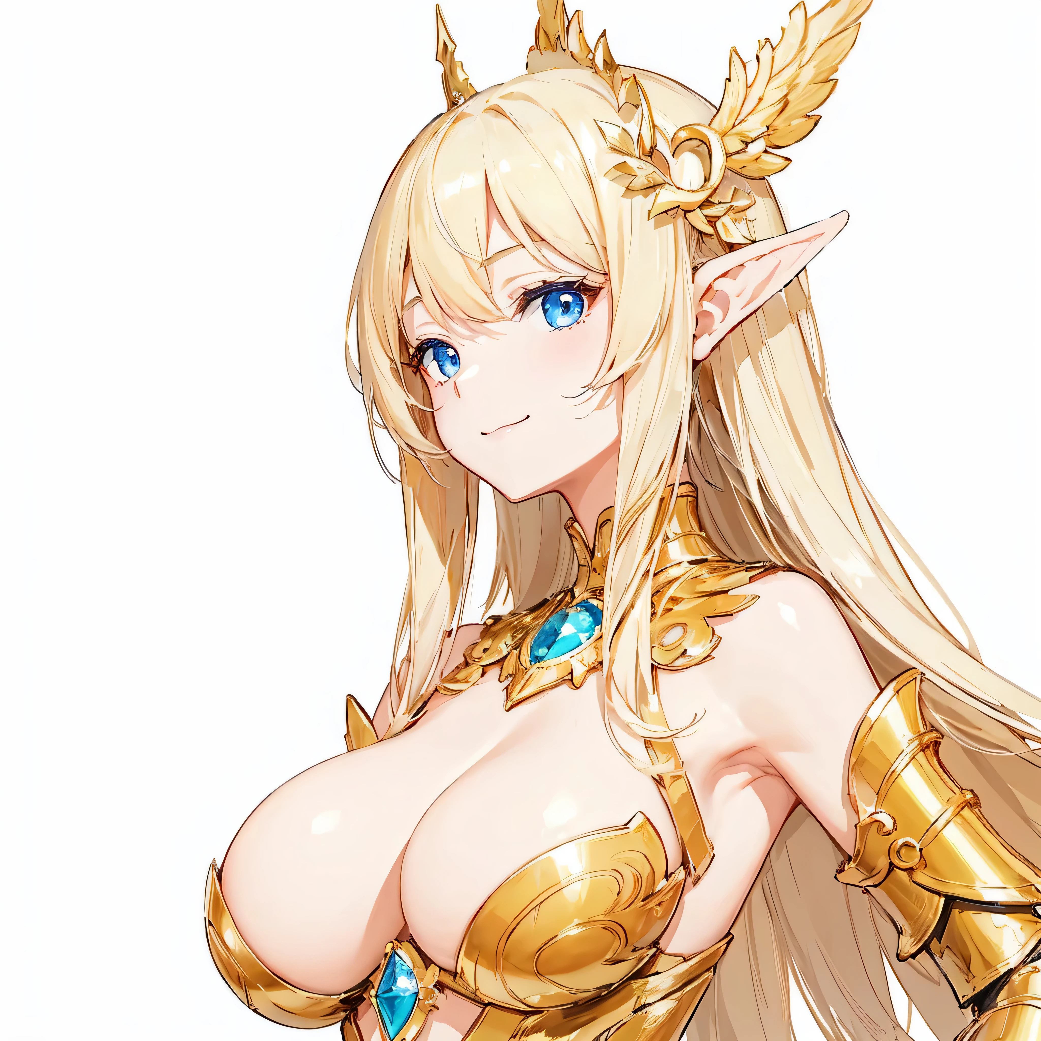 ​masterpiece、top-quality、ighly detailed、hight resolution、１６ｋ、fullnude、teats、Teetoob proportions、elvishの女の子、golden armour、Very thin skirt、Black pants、Very white skin、Beautiful fingers、Anime girl with very big breasts posing naked、Perfect Style、elvish、no-bra、Blonde blue-eyed、A smile、slim the contours