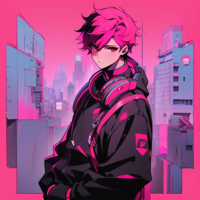 (short-cut), (Two-block hair), (vivid pink hair), (male character), (Red Eyes), (Cool pose), (of the highest quality), (masterpiece), (ultra-detailliert), (Oversized hoodies), (Street), (neons), (Camera from low angle), (Modern City), (neonsデイライト), (Cinematic), (Stylish), (hight resolution), (Hyper Detailed), (Looking at the camera), (Anime-style), (Softtown), (nightcore), (a handsome man), (Listening to music through headphones), (natural appearance of the building), (casual), (ig studios anime style), (Standing Pose), (multi-angle view),