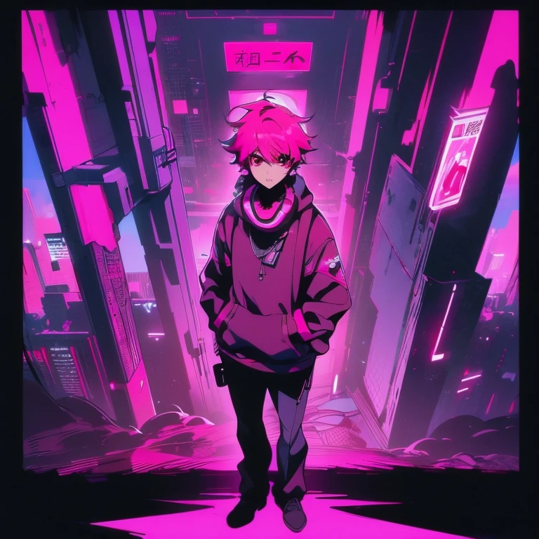 (short-cut), (Two-block hair), (vivid pink hair), (male character), (Red Eyes), (Cool pose), (of the highest quality), (​masterpiece), (ultra-detailliert), (Oversized hoodies), (Street), (neons), (Camera from low angle), (Modern City), (neonsデイライト), (Cinematic), (Stylish), (hight resolution), (Hyper Detailed), (Looking at the camera), (Anime-style), (Softtown), (nightcore), (a handsome man), (Listening to music through headphones), (natural appearance of the building), (casual), (ig studios anime style), (Standing Pose),  (multi-angle view),