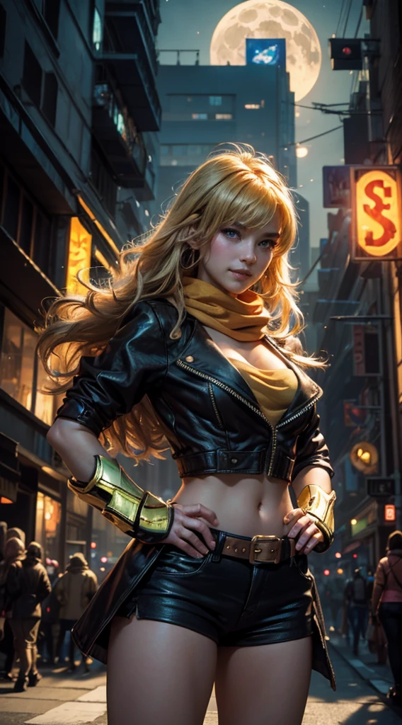 (masterpiece, stunning girlfriend, (standing:1.1), dynamic pose, heart shaped face, elegant face, beautiful face, highly detailed face, highly detailed skin, skin pores, subsurface scattering, realistic pupils, loving smile, looking at viewer, full face blush, full lips, detailed background, depth of field, atmospheric perspective, volumetric lighting, sharp focus, absurdres, realistic proportions, good anatomy, (realistic, hyperrealistic:1.4), 16k hdr, (masterpiece, best quality:1.2), cowboy shot, solo, 1girl, yang xiao long, grin, hand on hip, ahoge, purple eyes, brown jacket, yellow tube top, black shorts, black fingerless gloves, orange scarf, waist cape, midriff, cleavage, large breasts, cyberpunk city, neon signs, street, crowd, night. moon, moonlight, street lights, shop lights, car lights