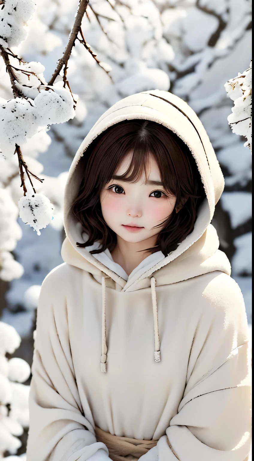 Winters、rhyme、Yuki、kou、Frozen World、a white world、One lady、33yo、Bewitching good looks、eroticism、parfect anatomy、Correct human body、Brown hair、Layered Haircut、short wavy hair、Woman with cute face、Perfect good looks、Natural color poncho style hoodie、Wearing a hood、Silence、white walls、rhyme、a white world、Simplified background、natural soft light、raw、Photorealsitic、top-quality、Real Stick、hiquality、high-level image quality、Random Poses