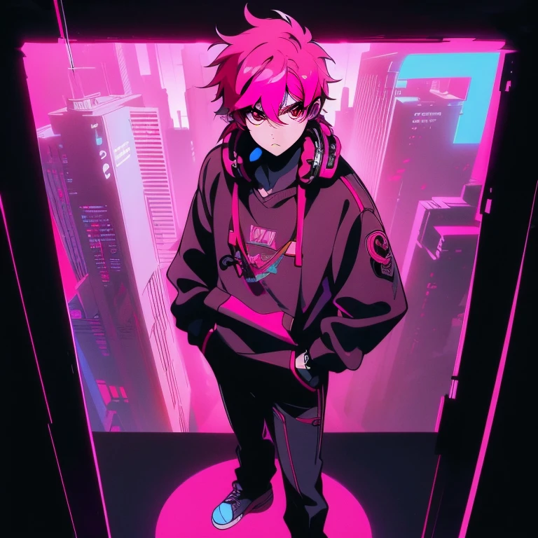 (short-cut), (Two-block hair), (vivid pink hair), (male character), (Red Eyes), (Cool pose), (of the highest quality), (​masterpiece), (ultra-detailliert), (Oversized hoodies), (Street), (neons), (Camera from low angle), (Modern City), (neonsデイライト), (Cinematic), (Stylish), (hight resolution), (Hyper Detailed), (Looking at the camera), (Anime-style), (Softtown), (nightcore), (a handsome man), (Listening to music through headphones), (natural appearance of the building), (casual), (ig studios anime style), (Standing Pose),  (multi-angle view),