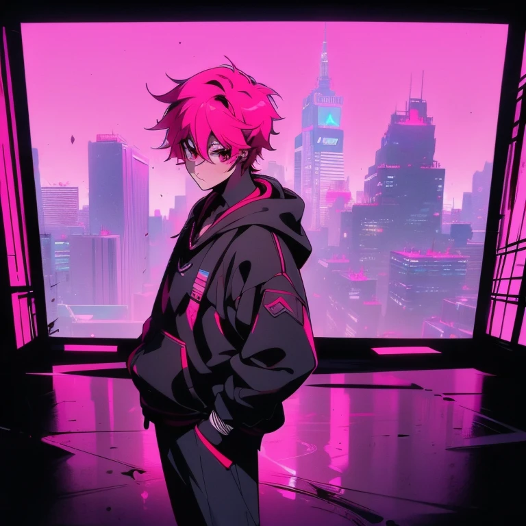 (short-cut), (Two-block hair), (vivid pink hair), (male character), (Red Eyes), (Cool pose), (of the highest quality), (​masterpiece), (ultra-detailliert), (Oversized hoodies), (Street), (neons), (Camera from low angle), (Modern City), (neonsデイライト), (Cinematic), (Stylish), (hight resolution), (Hyper Detailed), (Looking at the camera), (Anime-style), (Softtown), (nightcore), (a handsome man), (Listening to music through headphones), (natural appearance of the building), (casual), (ig studios anime style), (Standing Pose),  (multi-angle view),