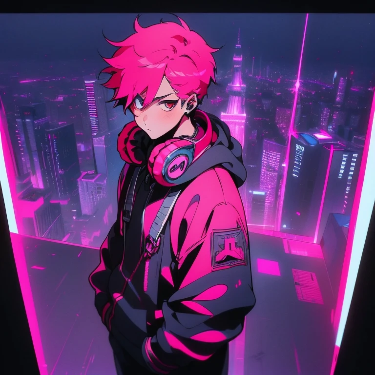 (short-cut), (Two-block hair), (vivid pink hair), (male character), (Red Eyes), (Cool pose), (of the highest quality), (masterpiece), (ultra-detailliert), (Oversized hoodies), (Street), (neons), (Camera from low angle), (Modern City), (neonsデイライト), (Cinematic), (Stylish), (hight resolution), (Hyper Detailed), (Looking at the camera), (Anime-style), (Softtown), (nightcore), (a handsome man), (Listening to music through headphones), (natural appearance of the building), (casual), (ig studios anime style), (Standing Pose), (multi-angle view),