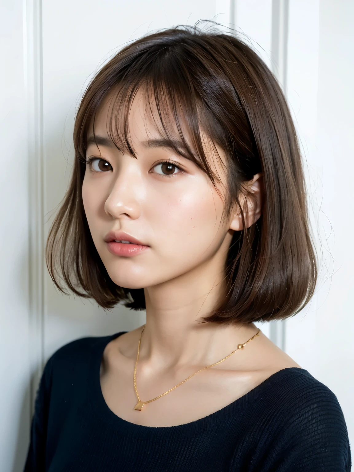 white walls、Taken in front of the white door、(窓のあるwhite wallsの部屋)、Shot in natural light、Highly detailed facial and skin texture、very detailed lips、The correct state of the human body、超A high resolution、(Photorealsitic:1.4)、of the highest quality, 1 beautiful woman, age 28, S, 35mm lens、Light Blue Knit、(Dark brown medium shorthair)、A dark-haired、Japanese woman with bob、(dark brown hair)、Poses variadas、Don't look at the camera、profile、Natural Color Lip、Autumn clothes、Winter clothes、 a necklace
