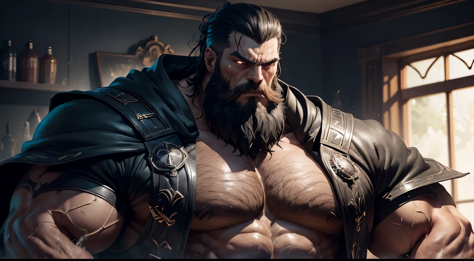 (best quality,ultra-detailed,realistic:1.37),colossal,giant bearded muscle man,imposing,macrophilia,looking down at me with an angry evil face,thick bushy beard,intense gaze,mountainous biceps,hulking frame,rippling muscles,dominant presence,enormous hands and fingers,sculpted jawline,sharp cheekbones,powerful physique,strength radiating from his every pore,dark menacing aura,overwhelming dominance,darkened eyes glaring with fury,wrinkles etched on his forehead,thunderous voice that reverberates through the room,black cloak billowing around him,shadowy figure shrouded in mystery,dark colors accentuating his intimidating presence,ominous background lighting,aura of authority and power,menacing atmosphere,decorative embellishments on the armrests and backrest,large intimidating stature,tense muscles coiled with power,noble and fierce expression,clenched fists exuding strength and determination,aura of arrogant superiority,cold and ruthlessness emanating from his every gesture,detailed veins bulging with strength,eyes filled with fury and malice,dark energy pulsating around him,thunderous footsteps that shake the ground,majestic and brooding,subtle hints of a dark past in his demeanor,enthralling and terrifying to behold.