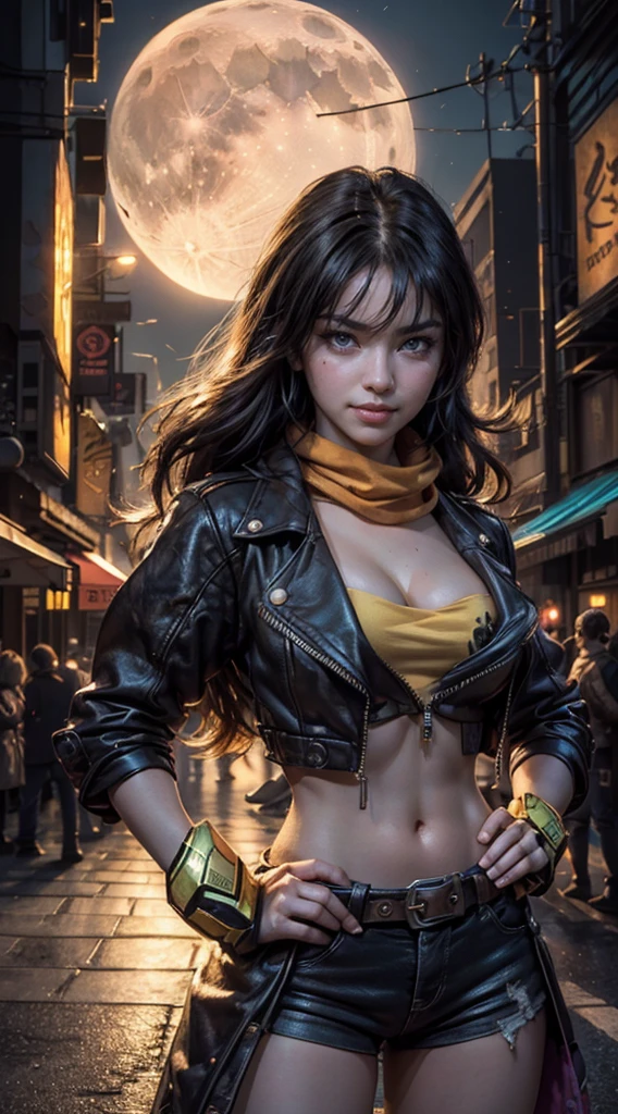 (masterpiece, stunning girlfriend, (standing:1.1), dynamic pose, heart shaped face, elegant face, beautiful face, highly detailed face, highly detailed skin, skin pores, subsurface scattering, realistic pupils, loving smile, looking at viewer, full face blush, full lips, detailed background, depth of field, atmospheric perspective, volumetric lighting, sharp focus, absurdres, realistic proportions, good anatomy, (realistic, hyperrealistic:1.4), 16k hdr, (masterpiece, best quality:1.2), cowboy shot, solo, 1girl, yang xiao long, grin, hand on hip, ahoge, purple eyes, brown jacket, yellow tube top, black shorts, black fingerless gloves, orange scarf, waist cape, midriff, cleavage, large breasts, cyberpunk city, neon signs, street, crowd, night, moon, moonlight, street lights, shop lights, car lights