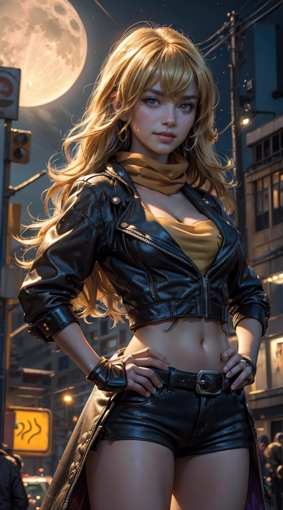 (masterpiece, stunning girlfriend, (standing:1.1), dynamic pose, heart shaped face, elegant face, beautiful face, highly detailed face, highly detailed skin, skin pores, subsurface scattering, realistic pupils, loving smile, looking at viewer, full face blush, full lips, detailed background, depth of field, atmospheric perspective, volumetric lighting, sharp focus, absurdres, realistic proportions, good anatomy, (realistic, hyperrealistic:1.4), 16k hdr, (masterpiece, best quality:1.2), cowboy shot, solo, 1girl, yang xiao long, grin, hand on hip, ahoge, purple eyes, brown jacket, yellow tube top, black shorts, black fingerless gloves, orange scarf, waist cape, midriff, cleavage, large breasts, cyberpunk city, neon signs, street, crowd, night, moon, moonlight, street lights, shop lights, car lights
