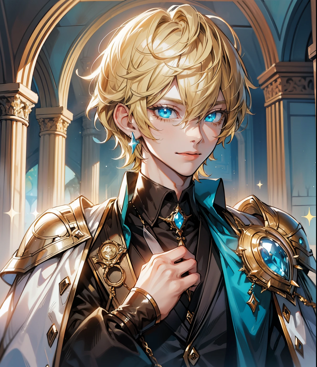Realistic, (Masterpiece, Top Quality, Best Quality, Official Art, Beauty and Aesthetics: 1.2), Very Detailed, Fractal Art, Colorful, Most Detailed, Zentangle, (Abstract Background: 1.5) (1boy: 1.3), God, Blonde Hair, Short Hair, (Glowing Blue Eyes), Pectals, Abs, Mysterious, (Magic), Crystal, Handsome Man