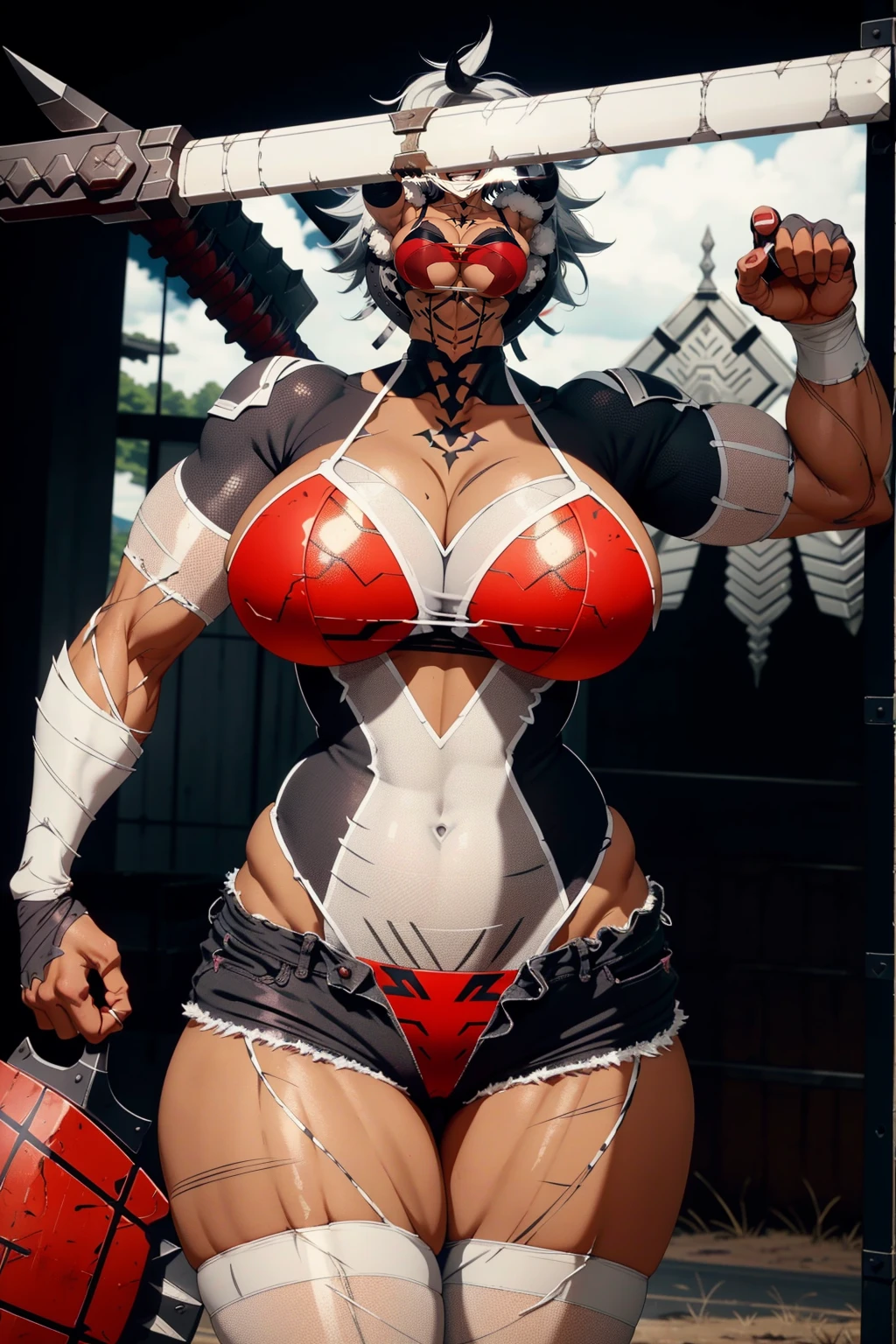 helga, dark-skinned female, short hair, silver hair, huge breasts, muscular female, thick thighs, thick arms, tomboy, holding axe, reflection light, blending, bloom, god rays, ray tracing, Fujicolor, drop shadow, Gothic art, anime, Ghibli-like colours, anime style, UHD, retina, masterpiece, ccurate, anatomically correct, textured skin, super detail, high details, high quality, award winning, best quality, highres, 1080P, HD, 4K, 8k, 16k,standing, warrior pose, axe holding,refsheet, charactersheet, red bikini, short pants, happy, smile, blush