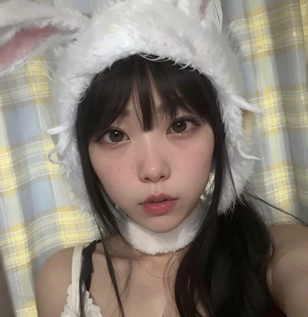 Araffe wearing a bunny hat with a white feather, com orelhas de coelho, with long floppy rabbit ears, com orelhas de coelho grandes, Shikami, Chiho, franja branca, coelhinho menina, com orelhas de coelho, franja fofa, com franja completa, franja branca, Junko Enoshima, Sakimichan, Ulzzang, com franja