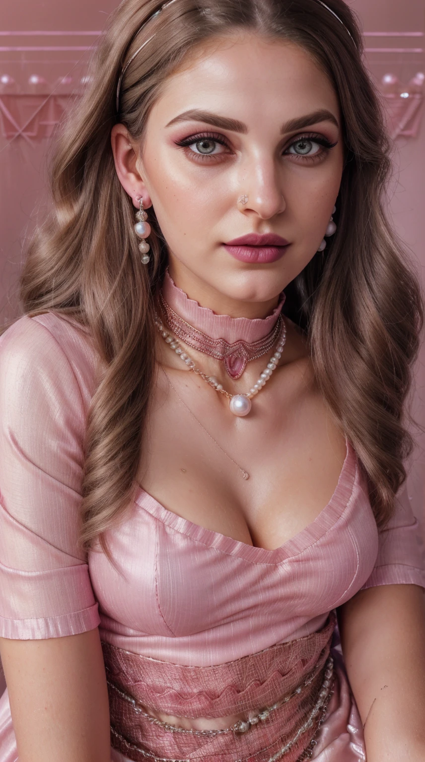 (Blond brown hair), (RAW photo, realism: 1.8), (very dark pink lip gloss), (dark jet pink lipstick), (many eyelashes), (eye shadow), (too much shy), (too much blushing), (high quality), (high resolution), (depth of field), (chromatic aberration), (caustic), (wide light), (pearl pink colors), (22 year old woman), (innocent face), (cute face), (chicks) (necklaces), ((nose pin)), (chokers), (earring), (bracelets), (wear many accessories), (very soft pearl pink fair small breasts), very good clothing), (style A good woman), (pink silk salvar kameez), (dupatta), (beautiful pearl pink fair skin), (beautiful legs), (lots of exposure), (very line), (figure that looks delicious), (long and brod lips),