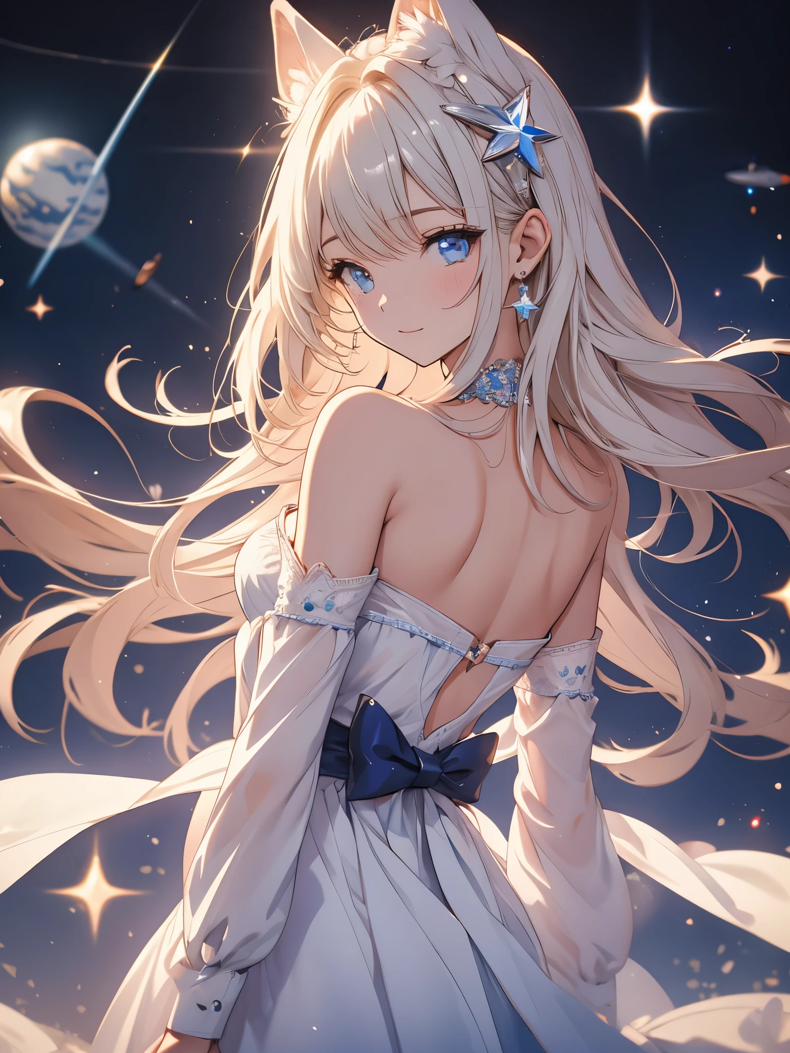 (master part, best quality:1.2), cowboy shot, sozinho, 1girl, Sheryl Nome, sorrir, boca fechada, Olhando para o Viewer, strapless dress, espartilho, saia em camadas, coxas grossas, bareshoulders, outer space, estrela (heaven)