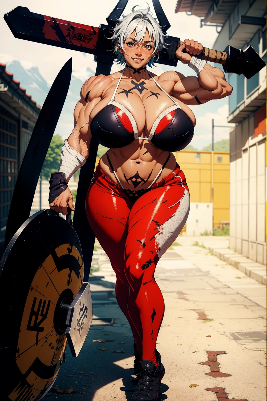 helga, dark-skinned female, short hair, silver hair, huge breasts, muscular female, thick thighs, thick arms, tomboy, holding axe, reflection light, blending, bloom, god rays, ray tracing, Fujicolor, drop shadow, Gothic art, anime, Ghibli-like colours, anime style, UHD, retina, masterpiece, ccurate, anatomically correct, textured skin, super detail, high details, high quality, award winning, best quality, highres, 1080P, HD, 4K, 8k, 16k,standing, warrior pose, axe holding,refsheet, charactersheet, red bikini, short pants, happy, smile, blush