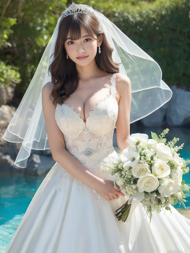 (Best quality: 1.5), (Realistic: 1.5), (1 person: 1.5), (Medium shot: 1.5), Highly detailed, High resolution, 8k, Medium breasts, Natural colored lips, Cute smile, Japanese woman, 20-year-old girl, beautiful and elegant features, perfect and beautiful face, large eyes with good balance between the left and right sides, brunette eyes, beautiful and elegant features, beautiful double eyelids, natural bangs, beautiful thin nose, beautiful skin, fair skin, (medium bob hair), natural bangs, perfect and beautiful face, slim face and figure, (looks at the camera with a sweet smile), bright lighting, professional lighting, forward lighting, princess line wedding dress, best Wearing a luxury bridal tiara (wearing a pure white off-shoulder wedding dress), luxury wedding dress, lace white gloves, bridal veil, (Western garden with beautiful roses), Western garden, holding the hem of the skirt,