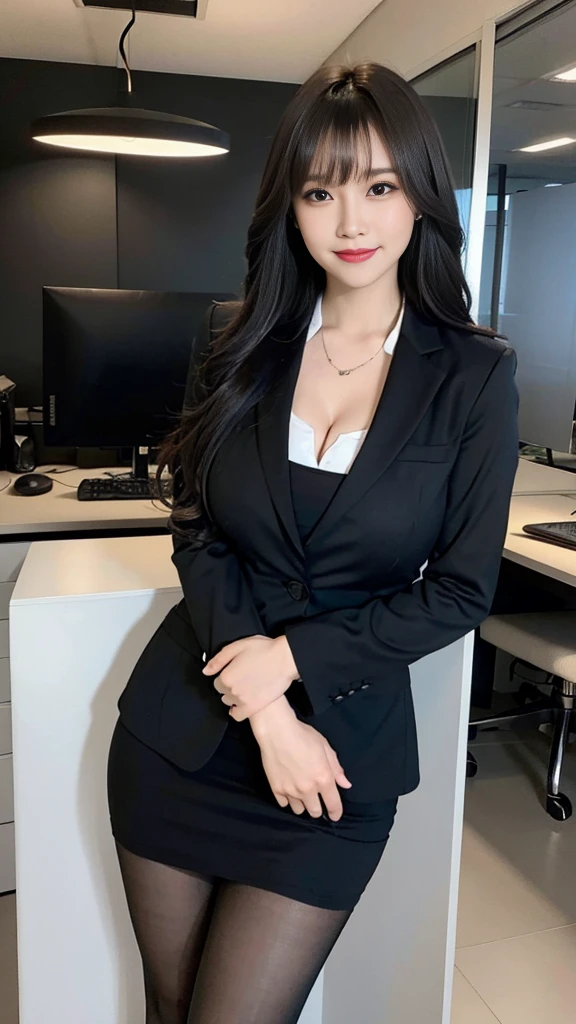 (standing in office), 1 woman, solo, thick thighs, beautiful legs, office lady, realistic, raw photo, business suit, skirt, hair, bangs, pantyhose, looking at viewer, best quality, large breast, smile, Realistic Skin Textures, full body, cleavage,