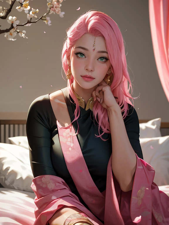 masterpiece, absurdres, sakura\(boruto\), 1girl, solo,mature female, wearing indian saree, saree has black blouse, golden dupatta and golden pallu, looking at viewelling petals), perfect composition, detailed lips, big breast, beautiful face, body propotion, blush, (pink lips), long pink hair, hair over shoulder, Green-eyed, soft gaze, super realistic, detailed, photoshoot, realistic face and body, sitting in bed