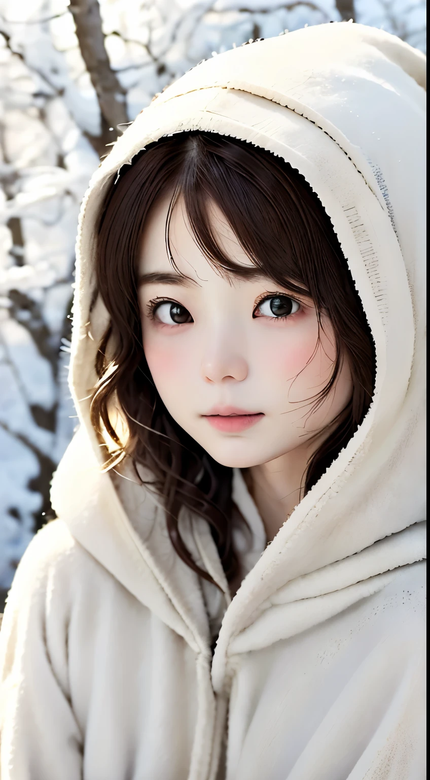 Winters、rhyme、Yuki、kou、Frozen World、a white world、One lady、33yo、Bewitching good looks、eroticism、parfect anatomy、Correct human body、Brown hair、Layered Haircut、short wavy hair、Woman with cute face、Perfect good looks、Natural color poncho style hoodie、Wearing a hood、Silence、white walls、rhyme、a white world、Simplified background、natural soft light、raw、Photorealsitic、top-quality、Real Stick、hiquality、high-level image quality、Random Poses