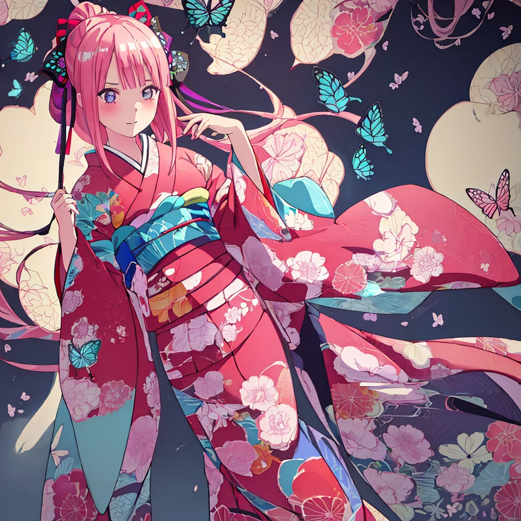 {Best Quality}, {very aesthetic}, {Ultra-detailed}, {Best Illustration}, one girl, japanese kimono, Kimono with butterfly pattern, Pink hair