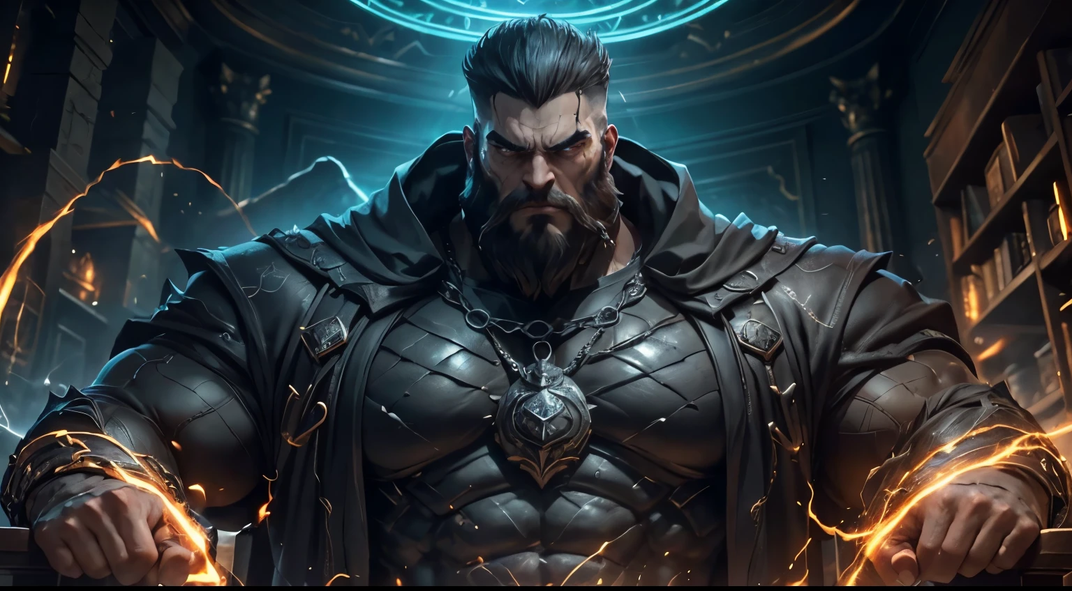 (best quality,ultra-detailed,realistic:1.37),colossal,giant bearded muscle man,imposing,macrophilia,looking down at me with an angry evil face, evil smile ,thick bushy beard,intense gaze,mountainous biceps,hulking frame,rippling muscles,dominant presence,enormous hands and fingers,sculpted jawline,sharp cheekbones,powerful physique,strength radiating from his every pore,dark menacing aura,overwhelming dominance,darkened eyes glaring with fury,wrinkles etched on his forehead,thunderous voice that reverberates through the room,black cloak billowing around him,shadowy figure shrouded in mystery,dark colors accentuating his intimidating presence,ominous background lighting,aura of authority and power,menacing atmosphere,decorative embellishments on the armrests and backrest,large intimidating stature,tense muscles coiled with power,noble and fierce expression,clenched fists exuding strength and determination,aura of arrogant superiority,cold and ruthlessness emanating from his every gesture,detailed veins bulging with strength,eyes filled with fury and malice,dark energy pulsating around him,thunderous footsteps that shake the ground,majestic and brooding,subtle hints of a dark past in his demeanor,enthralling and terrifying to behold.