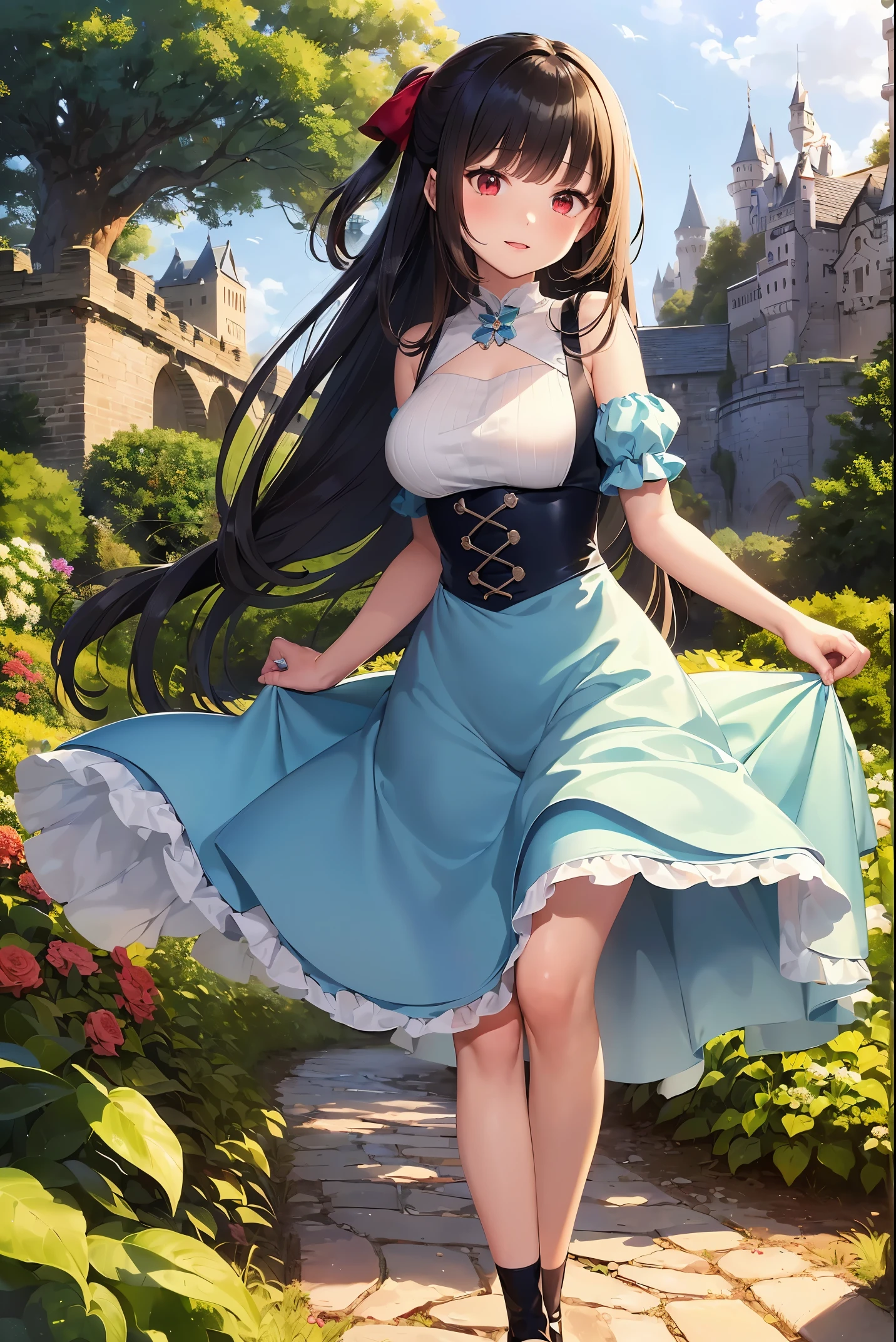 (best quality:1.2), (solo:1.3),(1girl, 18yo:1.3), (long straight hair:1.2),(hair black:1.3),(red eyes:1.2),yumekawa,yumekawaii,pastel color,(wonderland garden:1.3),rainbow waterfall,dripping ink,imagination,(Castle:1.4),