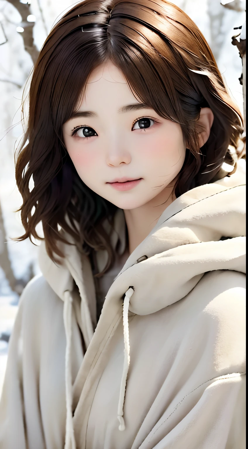 Winters、rhyme、Yuki、kou、Frozen World、a white world、One lady、33yo、Bewitching good looks、eroticism、parfect anatomy、Correct human body、Brown hair、Layered Haircut、short wavy hair、Woman with cute face、Perfect good looks、Natural color poncho style hoodie、Wearing a hood、Silence、white walls、rhyme、a white world、Simplified background、natural soft light、raw、Photorealsitic、top-quality、Real Stick、hiquality、high-level image quality、Random Poses