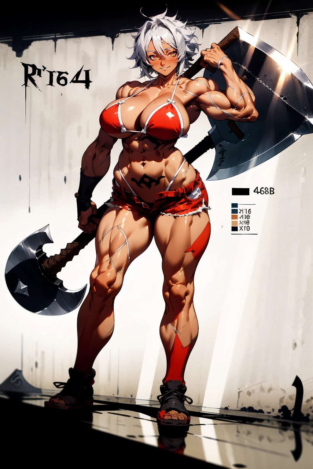 helga, dark-skinned female, short hair, silver hair, huge breasts, muscular female, thick thighs, thick arms, tomboy, holding axe, reflection light, blending, bloom, god rays, ray tracing, Fujicolor, drop shadow, Gothic art, anime, Ghibli-like colours, anime style, UHD, retina, masterpiece, ccurate, anatomically correct, textured skin, super detail, high details, high quality, award winning, best quality, highres, 1080P, HD, 4K, 8k, 16k,standing, warrior pose, axe holding,refsheet, charactersheet, red bikini, short pants, happy, smile, blush