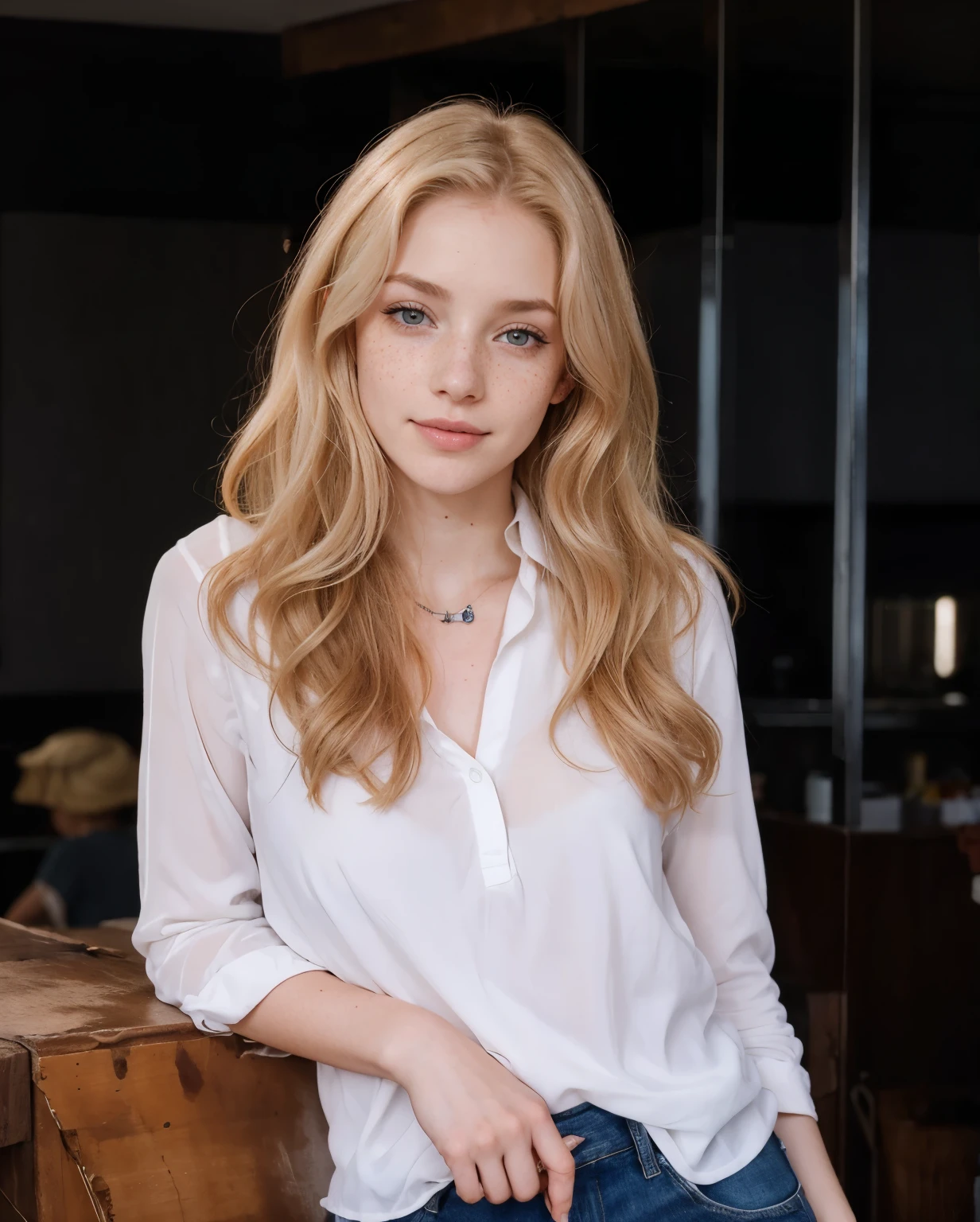 Rosto de uma mulher, americana, 25 anos, pale skin and freckles, olhos cinzas, nariz delicado, soft and delicate lips, cabelo blondie cinza longo e ondulados, sorriso meigo, olhar sedutor