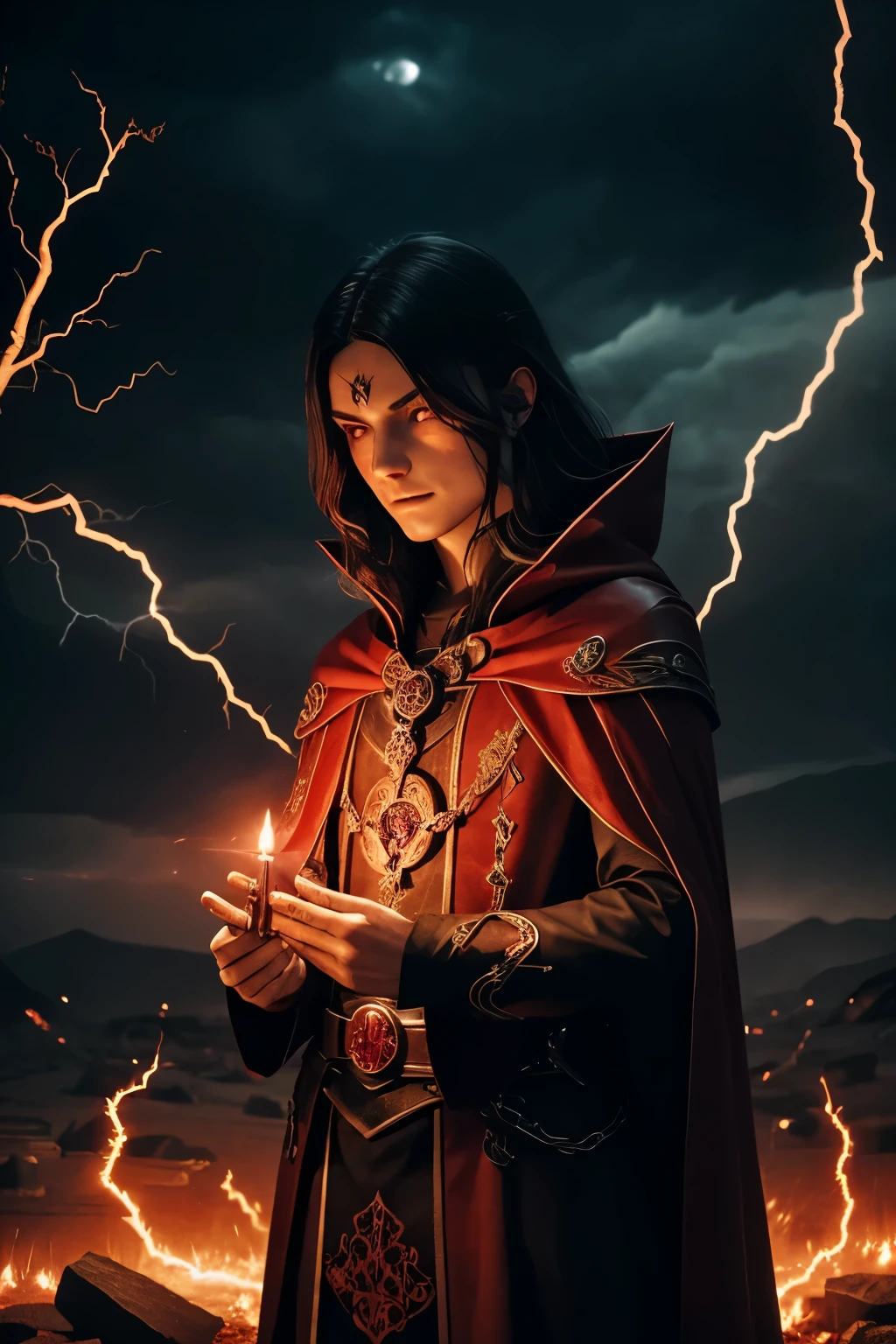 A blood mage, detailed red tunic, torn red cape, majestic scepter, red aura, dark and mysterious atmosphere, ancient ruins, flickering candlelight, intricate blood magic runes, intense concentration, sinister smile, blazing fire in the background, ominous shadows, glowing red eyes, arcane symbols, mystic energy, swirling clouds of crimson mist, blood-stained hands, powerful incantation, lightning bolts swirling around, ominous chanting, ethereal whispers, eerie silence, foreboding presence, blood-red moon, eerie moonlight, hauntingly beautiful, intense magical power, malevolent presence, spellbinding mastery. --s 1000