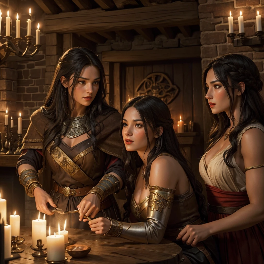 painting of Conan the Barbarian kissing a woman in a room tavern at night, flames, portraits,[oil painting],[detailed characters],[vivid colors],[dimmed lighting],[romantic atmosphere],detailed facial features,warrior with strong muscles and determined expression,feminine charm of the woman with mesmerizing eyes,flowing hair and ruby-red lips,soft candlelight casting warm glow,crackling fire in the fireplace creating a cozy ambiance,barrel tables and wooden chairs adding rustic elements in the room,bottles of wine and tankards of ale on the tables,smoke swirling in the air from the flames,Book of Spells on a dusty shelf,Decorative swords and shields hanging on the walls,bricks and wooden beams creating the rustic architecture,enchanted atmosphere in the tavern,intimate moment captured in the painting,bringing the characters to life,contrast between the powerful warrior and delicate woman,photo-realistic details showcasing every brushstroke,masterpiece that tells a captivating story.
