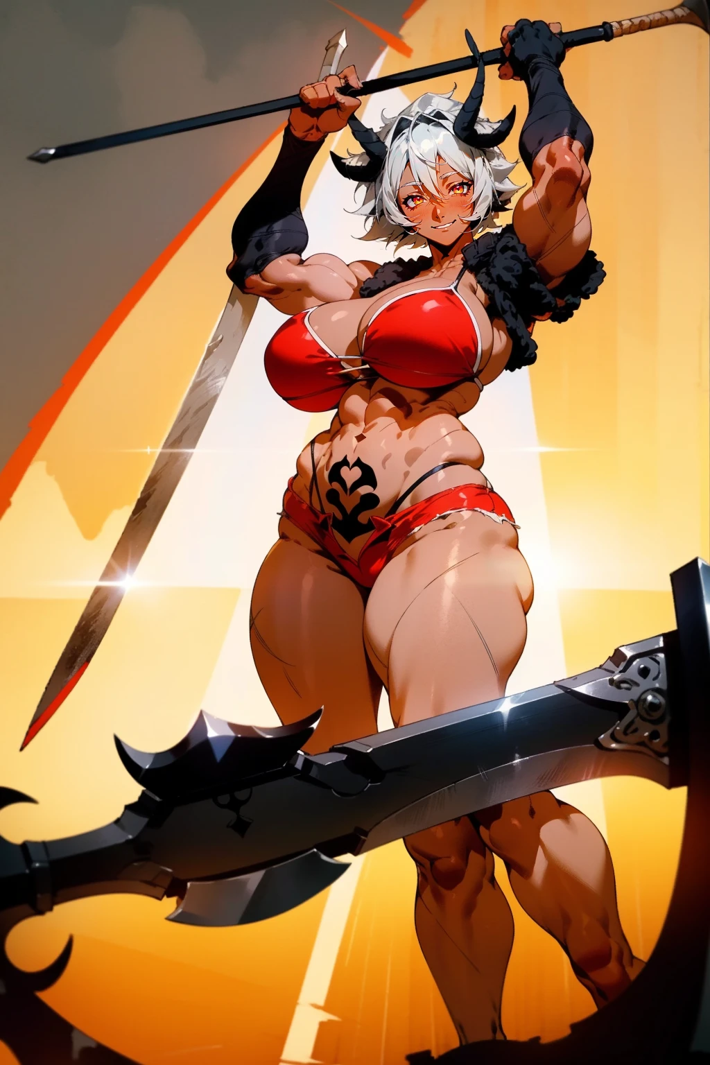 helga, dark-skinned female, short hair, silver hair, huge breasts, muscular female, thick thighs, thick arms, tomboy, holding axe, reflection light, blending, bloom, god rays, ray tracing, Fujicolor, drop shadow, Gothic art, anime, Ghibli-like colours, anime style, UHD, retina, masterpiece, ccurate, anatomically correct, textured skin, super detail, high details, high quality, award winning, best quality, highres, 1080P, HD, 4K, 8k, 16k,standing, warrior pose, axe holding,refsheet, charactersheet, red bikini, short pants, happy, smile, blush, pullover coat,