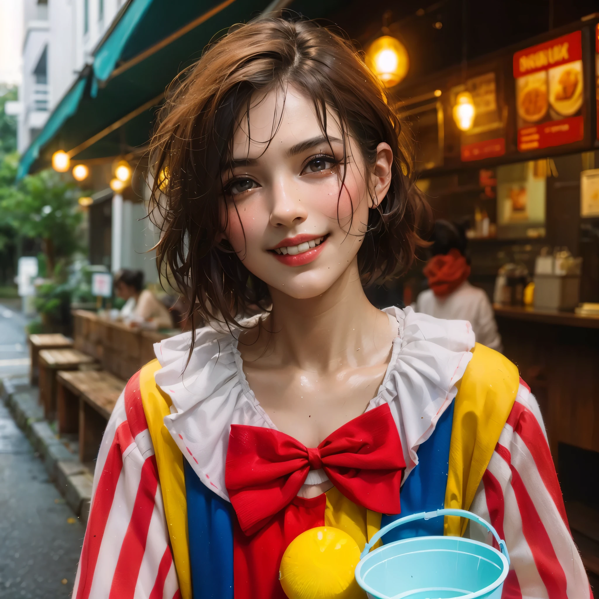 araffe clown with large breast with a small bucket on the street, clown girl, cutecore clowncore, wearing clown makeup, creepy clown girl, wearing accurate clown makeup, clown makeup, anime girl in real life, y 2 k cutecore clowncore, realistic , realistic clown makeup, kawaii realistic portrait, real clown makeup, goth clown girl, clown face, masterpiece, best quality:1.2),,(8k,highres,RAW photo,realistic,photo-realistic:1.3),(detailed skin texture,detailed cloth texture,beautiful detailed face:1.25),professional lighting,photon mapping,beautiful soft light,radiosity,physically-based rendering,raytracing, model shoot style, model shoot style, (extremely detailed CG unity 8k wallpaper), full shot body photo of the most beautiful artwork in the world, (((nsfw)))