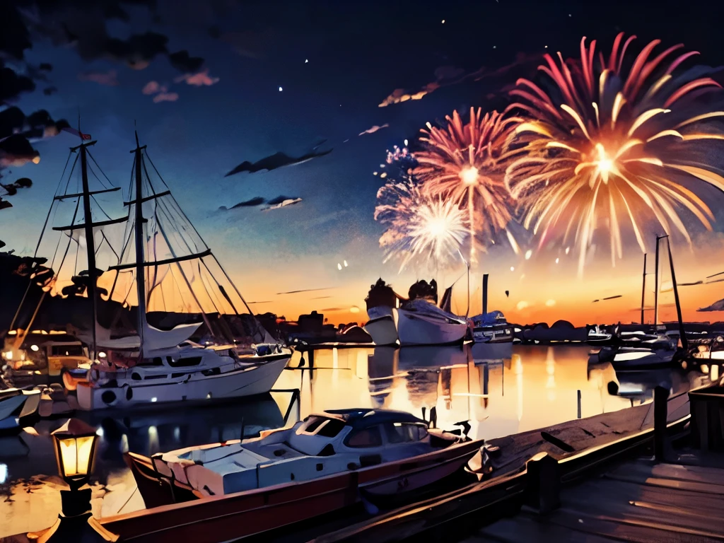 Painting of Fireworks above boats that are docked at a marina at dusk with the sun setting, large colorful fireworks, exploding the sky, shining multitudes of light on all subjects