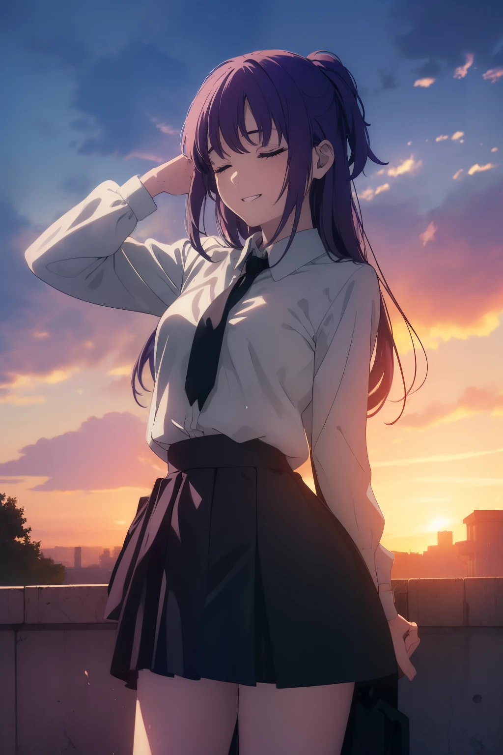 ((((Obra maestra, La mejor calidad, ultrahigh resolution)))), ((perfect anatomy)), 1girl, long hair, purple hair, standing, school uniform, concrete, ((outside)), steps, evening sunlight, sunset, professional photography, ((looking at viewer, cheerful teethy grin)), (beautiful), hands behind back, tilting forward, ((closed eyes))