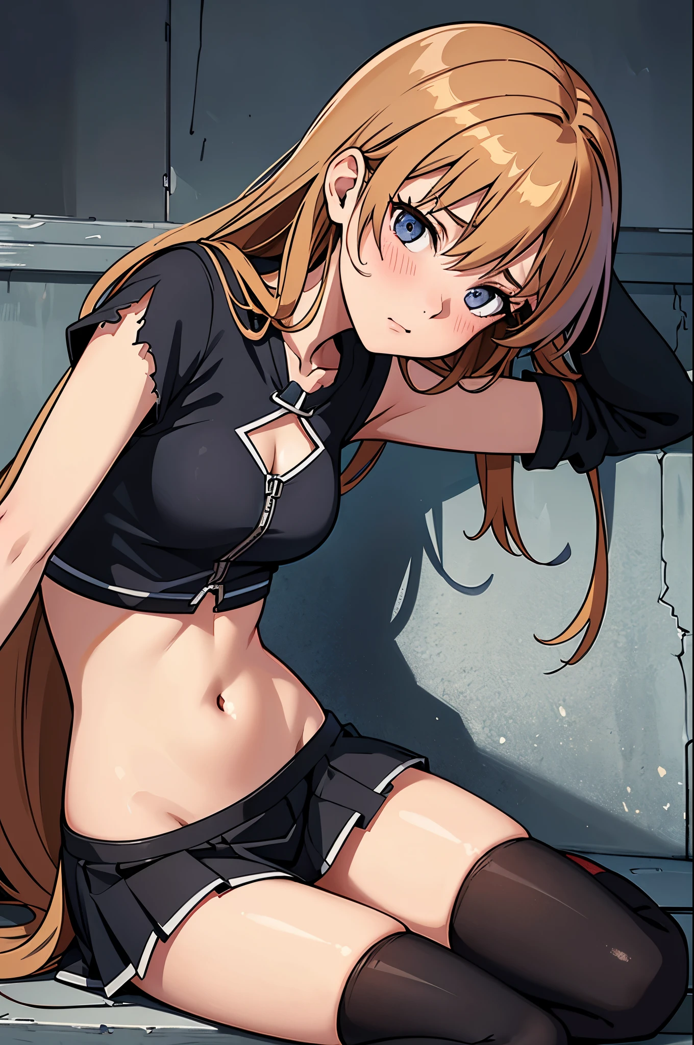 1woman, brunette hair, sword art online asuna face, hair covering right eye, blushing, ripped up spaggethi strap crop top, pleated black ripped skirt, detaily ripped off black tigh-highs, her thigh-highs being shrdedded, getting her clothes ripped to shreds, all destroyed and ripped off clothing, no shoes, laying on back in fetel postition, scracthed and bruised and bleeding, dungeon background, low health points, ryona, beat up girl, near death, fom above
