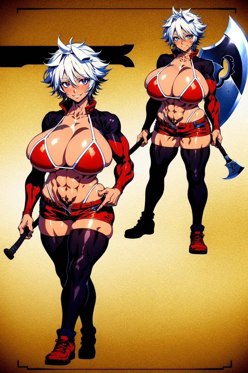 helga, dark-skinned female, short hair, silver hair, huge breasts, muscular female, thick thighs, thick arms, tomboy, holding axe, reflection light, blending, bloom, god rays, ray tracing, Fujicolor, drop shadow, Gothic art, anime, Ghibli-like colours, anime style, UHD, retina, masterpiece, ccurate, anatomically correct, textured skin, super detail, high details, high quality, award winning, best quality, highres, 1080P, HD, 4K, 8k, 16k,standing, warrior pose, axe holding,refsheet, charactersheet, red bikini, short pants, happy, smile, blush, pullover coat,