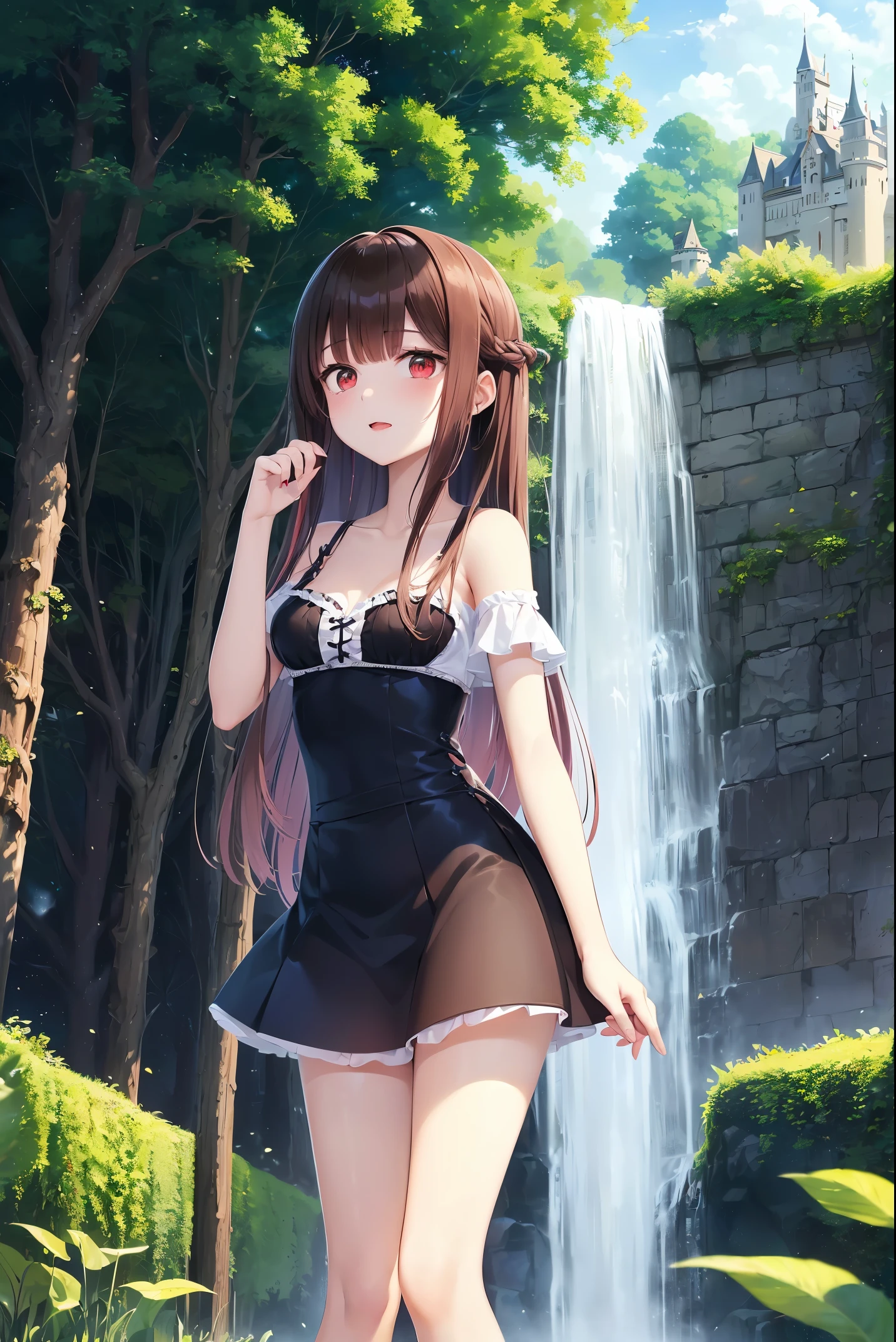 (best quality:1.2), (solo:1.3),(1girl, 18yo:1.3), (long straight hair:1.2),(hair black:1.3),(red eyes:1.2),yumekawa,yumekawaii,pastel color,(wonderland garden:1.3),rainbow waterfall,dripping ink,imagination,(Castle:1.4),