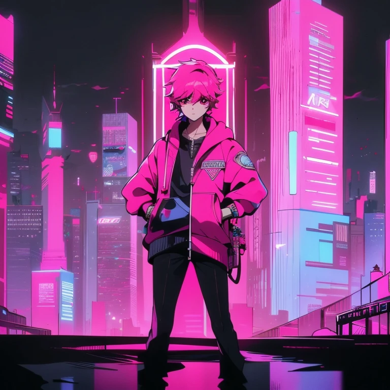 (short-cut), (Two-block hair), (vivid pink hair), (male character), (Red Eyes), (Cool pose), (of the highest quality), (​masterpiece), (ultra-detailliert), (Oversized hoodies), (Street), (neons), (Modern City), (neonsデイライト), (Cinematic), (Stylish), (hight resolution), (Hyper Detailed), (Looking at the camera), (Anime-style), (Softtown), (nightcore), (a handsome man), (Listening to music through headphones), (natural appearance of the building), (casual), (ig studios anime style), (Multifaceted camera work), (Standing Pose)