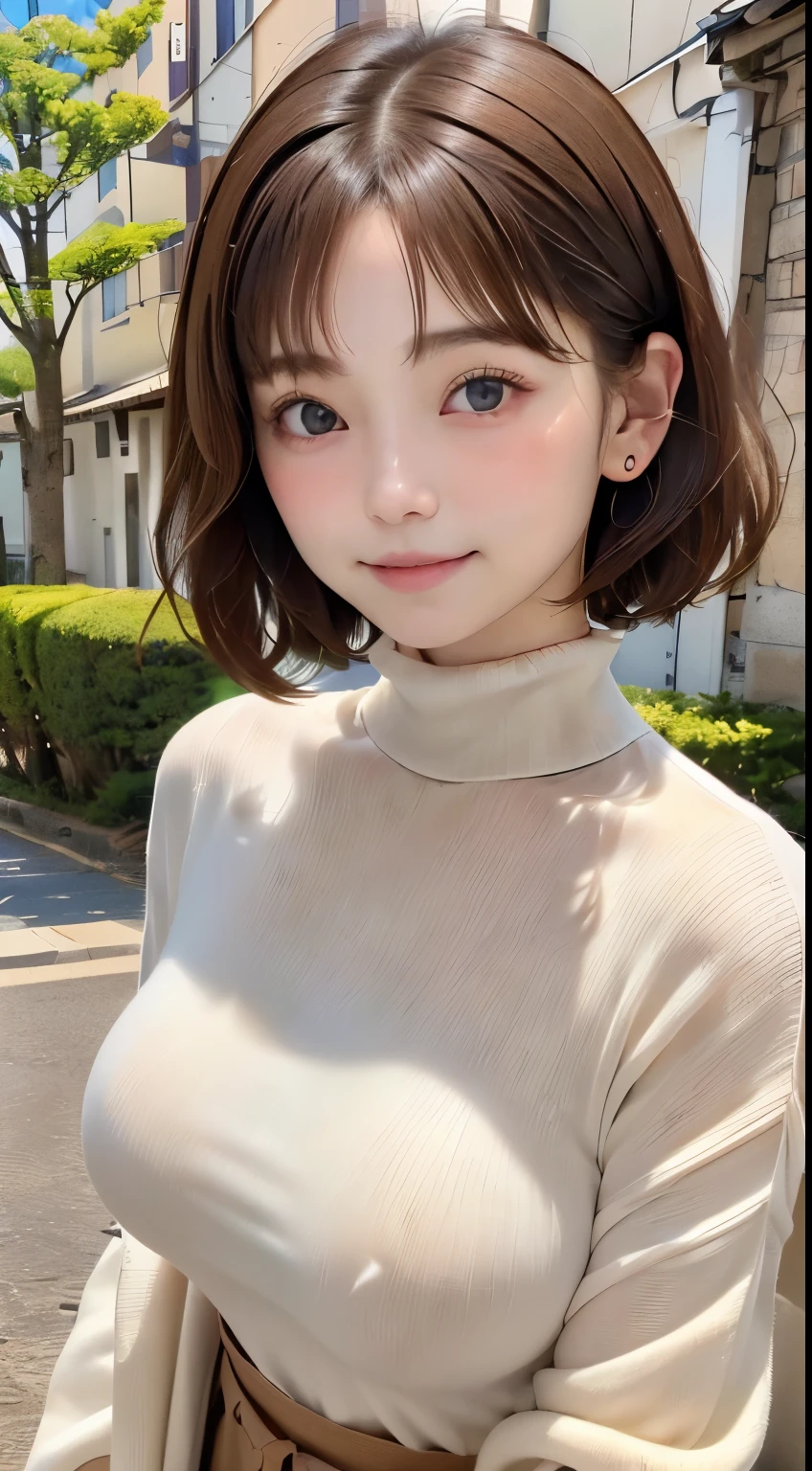 (masutepiece, top-quality、high-detail:1.4、Very attractive beauty、Add intense highlights to the eyes、Look firmly at the camera:1.4、A beautiful woman full of charm、Ideal ratio body proportions、Perfect Anatomy、Brunette Short Bob Hair、Lustrous hair、bangss:1.4、光沢のあるbangss:1.4、lipgloss),1girl in, report, Light brown shiny hair, muffler,realisitic, looking at the viewers、Tilt your head slightly, Bright colored crystal light blue eyes, short shiny hair、 White turtleneck outfit with a hole in the center of the chest,Sexy white turtleneck knit sweater with a round hole in the middle of the chest、 s lips, lipgloss, The upper part of the body、big eye、Lashes、A little red in the face、Embarrassing)、((italian road in winter))、((short hair with big eyes、Put very strong highlights in your students、{Gigantic|Big|Huge|Mega} breasts:1.6、very Bigger breasts、gazing at viewer、Very beautiful beauty、Put your ears out、long neck、smil、smil、Happy、Beautiful teeth、口を開いてsmil、Heart-shaped pupil))、28 year old、Very cute supermodel、
