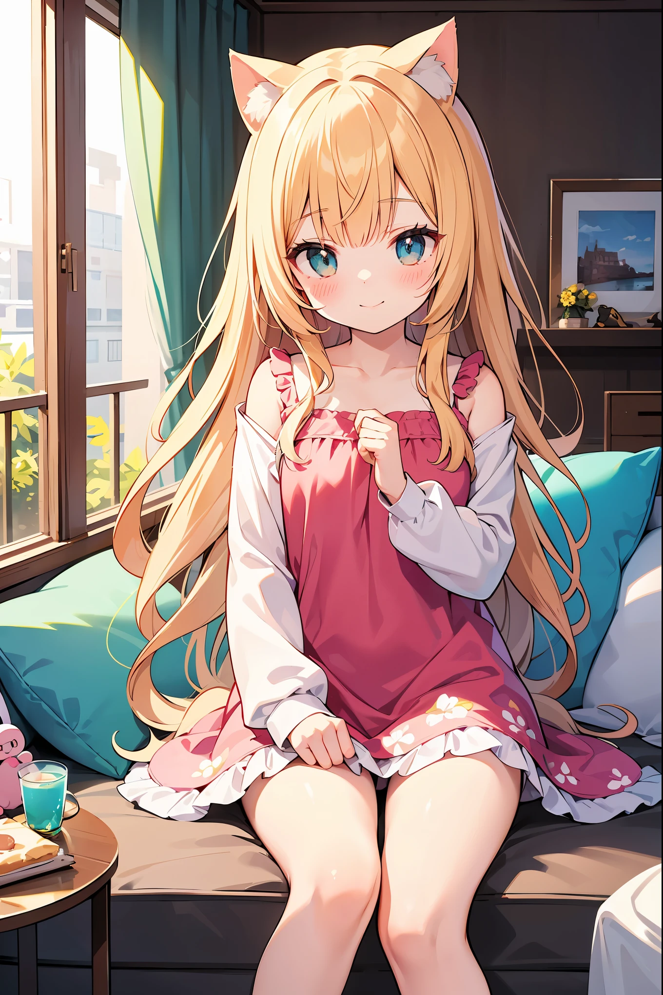 Absurd, Absolute Resolution, Incredibly Absurd, Superb Quality, Super Detail, Official Art, unity 8k wallpaper
BREAK.
Little, cat, young child with cat ears, cute, staring,
BREAK
'An illustration of a scene in a warm, sunlit room where a little girl with cat ears and a kitten with soft brown fur are playing and staring at each other. The girl has blonde hair and large eyes, about the same size as the cat. She is dressed in a colorful floral one-piece dress, smiling innocently and gently patting the cat with her small hands. Scattered in the background are bright, colorful toys and cushions that look like they came out of a children's storybook."
