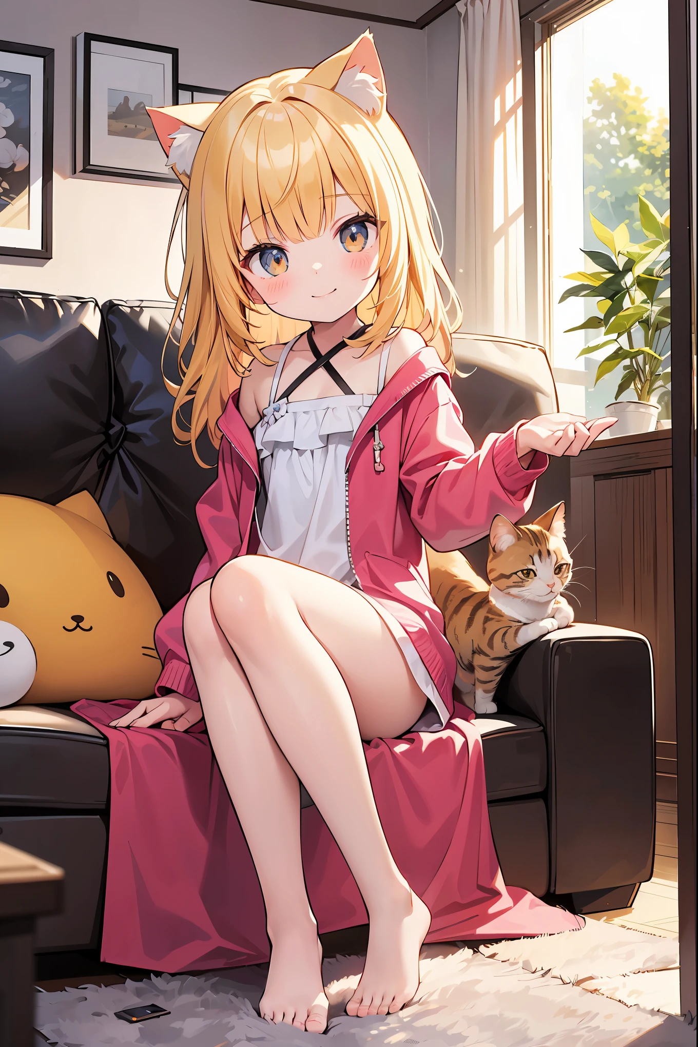 Absurd, Absolute Resolution, Incredibly Absurd, Superb Quality, Super Detail, Official Art, unity 8k wallpaper
BREAK.
, cat, young cat ears, cute, staring,
BREAK
'An illustration of a scene in a warm, sunlit room where a little girl with rs and a kitten with soft brown fur are playing and staring at each other. The girl has blonde hair and large eyes, about the same size as the cat. She is dressed in a colorful floral one-piece dress, smiling innocently and gently patting the cat with her small hands. Scattered in the background are bright, colorful toys and cushions that look like they came out of a children's storybook."