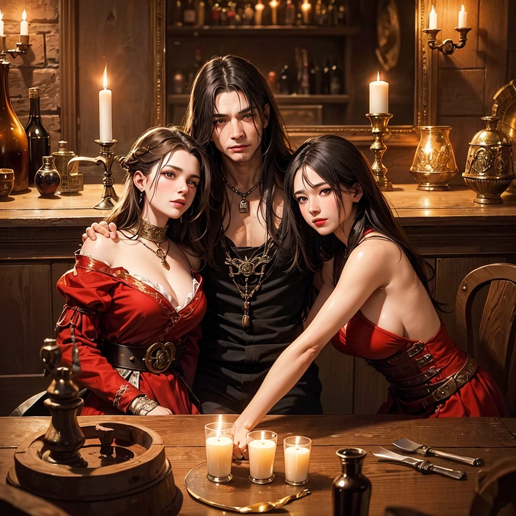 painting of Conan the Barbarian kissing a woman in a room tavern at night, flames, portraits,[oil painting],[detailed characters],[vivid colors],[dimmed lighting],[romantic atmosphere],detailed facial features,warrior with strong muscles and determined expression,feminine charm of the woman with mesmerizing eyes,flowing hair and ruby-red lips,soft candlelight casting warm glow,crackling fire in the fireplace creating a cozy ambiance,barrel tables and wooden chairs adding rustic elements in the room,bottles of wine and tankards of ale on the tables,smoke swirling in the air from the flames,Book of Spells on a dusty shelf,Decorative swords and shields hanging on the walls,bricks and wooden beams creating the rustic architecture,enchanted atmosphere in the tavern,intimate moment captured in the painting,bringing the characters to life,contrast between the powerful warrior and delicate woman,photo-realistic details showcasing every brushstroke,masterpiece that tells a captivating story.