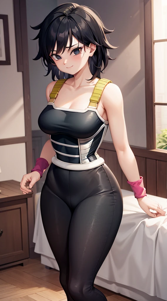 masterpiece, best quality, cowboy shot, 1girl, solo, saiyan armor, armor, black skirt, dress, wristband, black pantyhose, leggings, boots, bedroom background, indoors, nighttime, smile, happy, medium breasts, wide hips, curvy, thin waist, looking at viewer, bare shoulders, Gine, spiky hair, medium hair, black hair, anime screencap