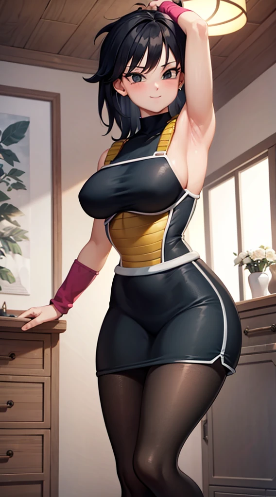 masterpiece, best quality, cowboy shot, 1girl, solo, saiyan armor, armor, black skirt, dress, wristband, black pantyhose, leggings, boots, bedroom background, indoors, nighttime, smile, happy, medium breasts, wide hips, curvy, thin waist, looking at viewer, bare shoulders, Gine, spiky hair, medium hair, black hair, anime screencap