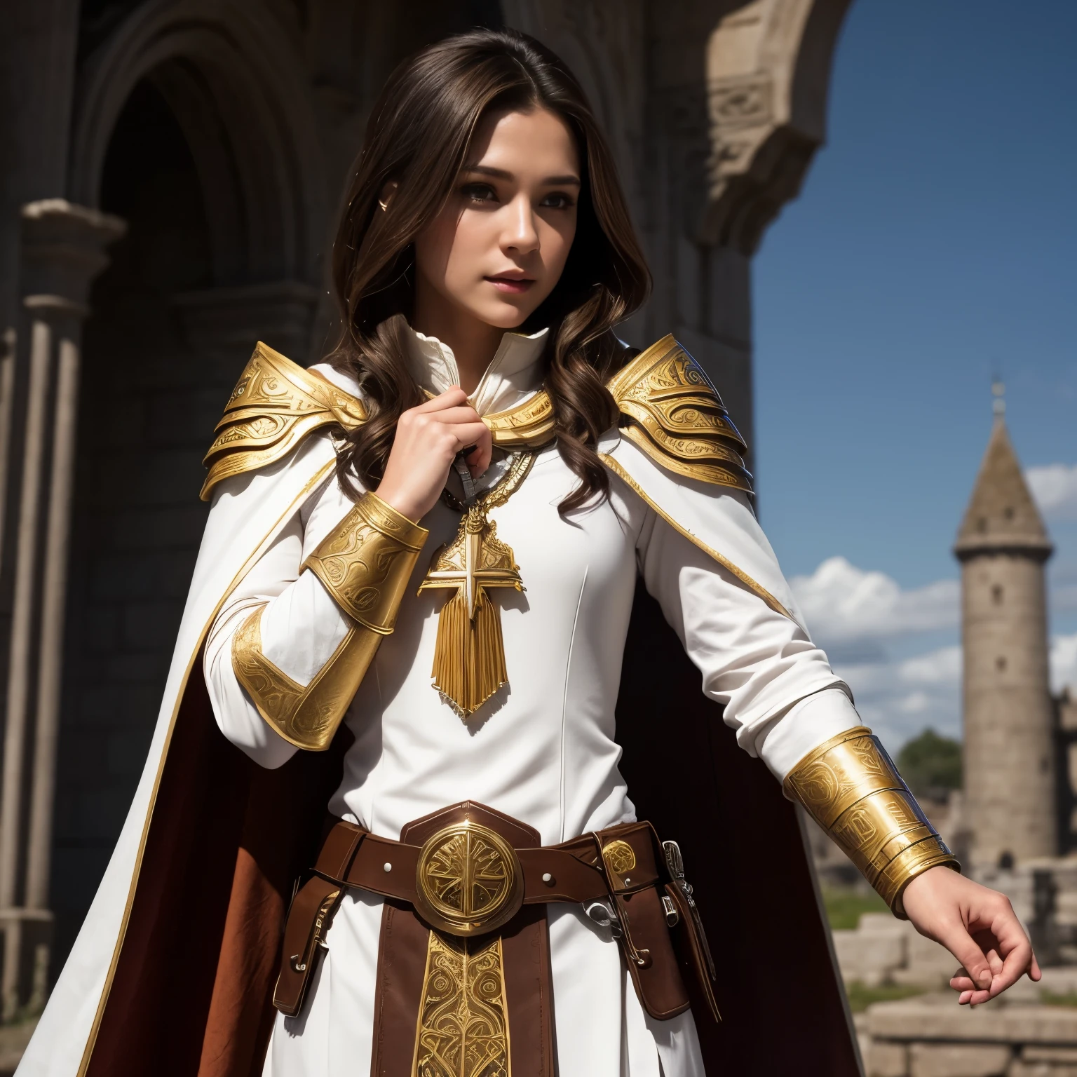 Bust young role-playing style woman brown hair light skin upturned nose wearing white tunic with gold details priestess style cleric with detailed hood and innocent expression small silver armor on wrists leather utility belt profile image chest and face landscape background RPG castle sunny day